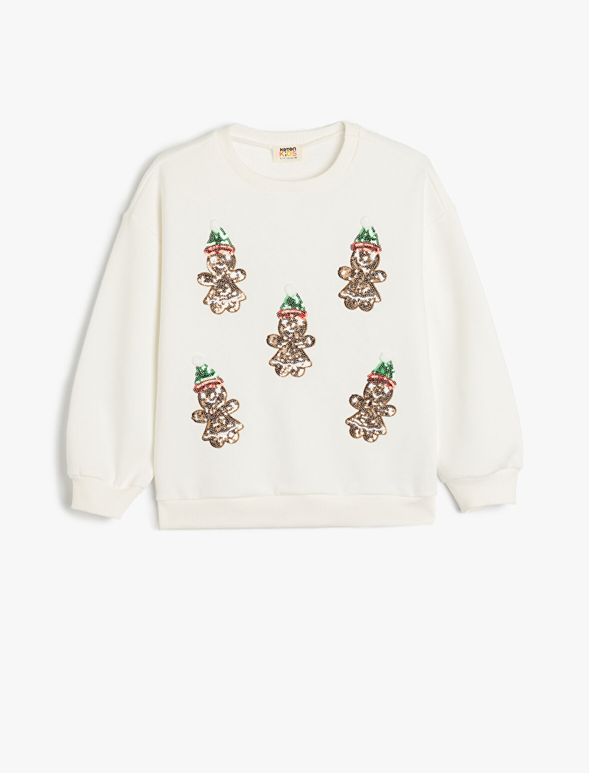 Sweatshirt Yılbaşı Temalı Pullu Payetli Kurabiye Adam Baskılı Uzun Kollu Bisiklet Yaka Şardonlu 