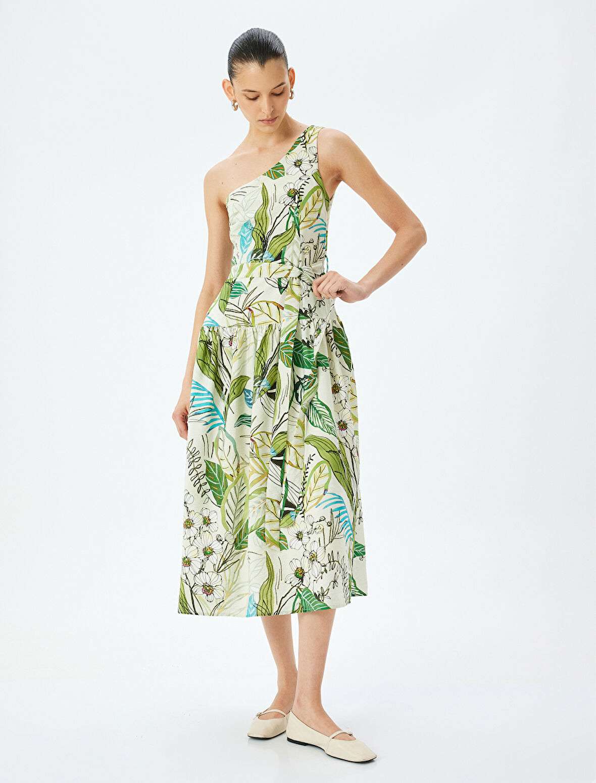 Midi Boy Astarlı Viskon Çiçekli Tek Omuz Elbise