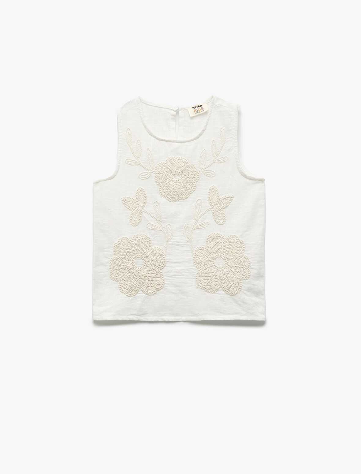 Pamuklu Kolsuz Bisiklet Yaka Aplike Çiçek Detaylı Bluz