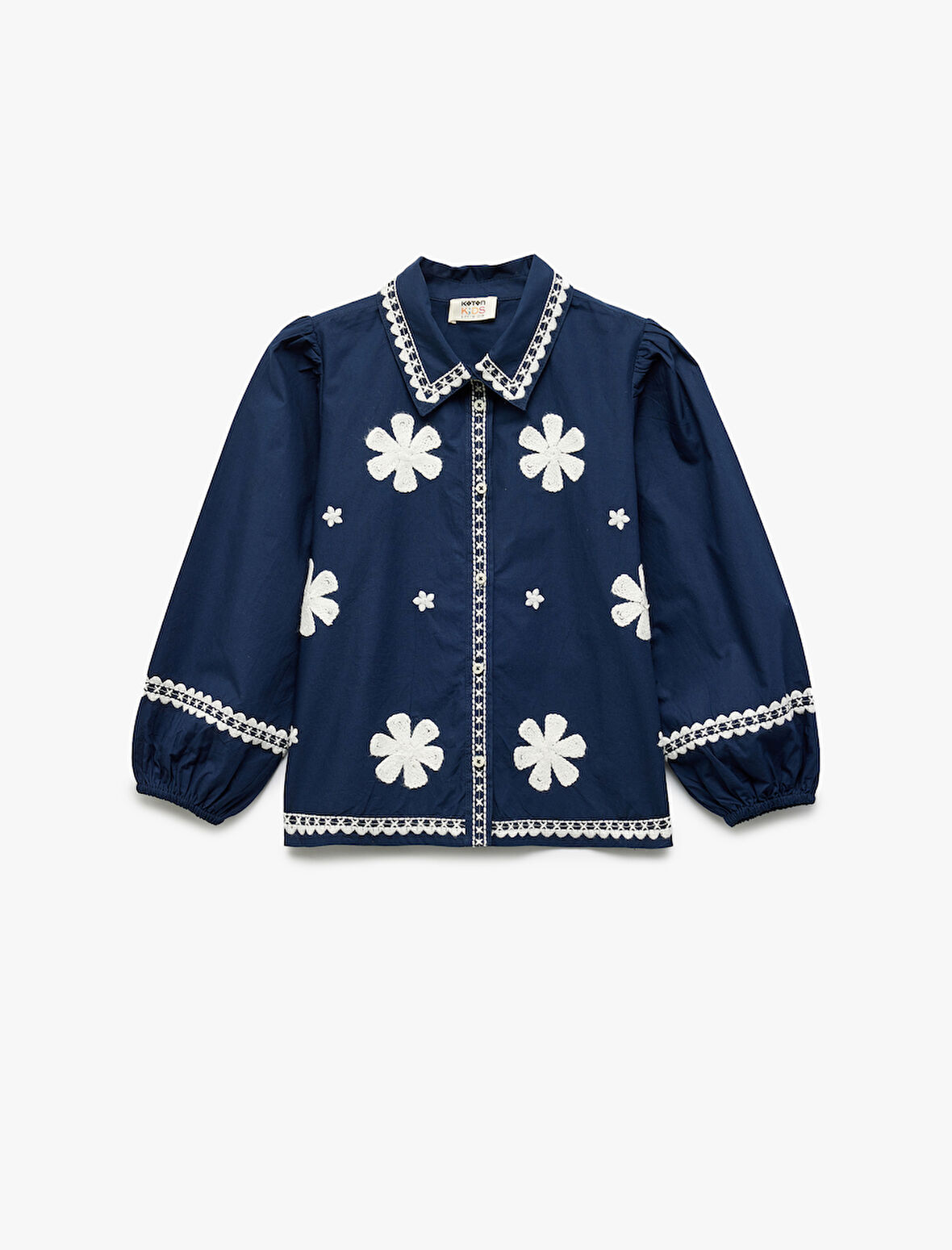 Uzun Balon Kollu İşlemeli Lastik Kollu Pamuklu Gömlek