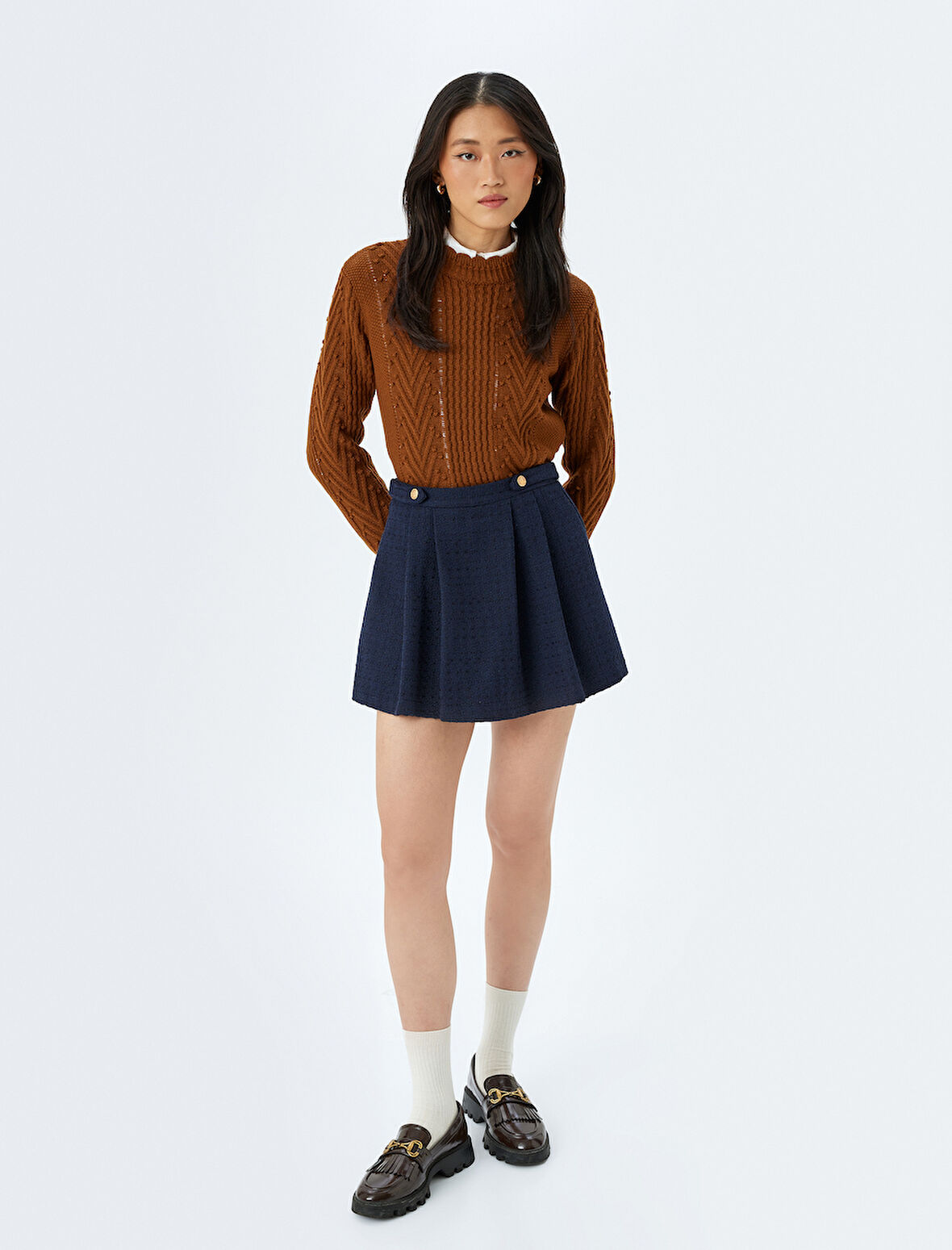 Uzun Kollu Bisiklet Yaka Geometrik Dokulu Örgü Kazak