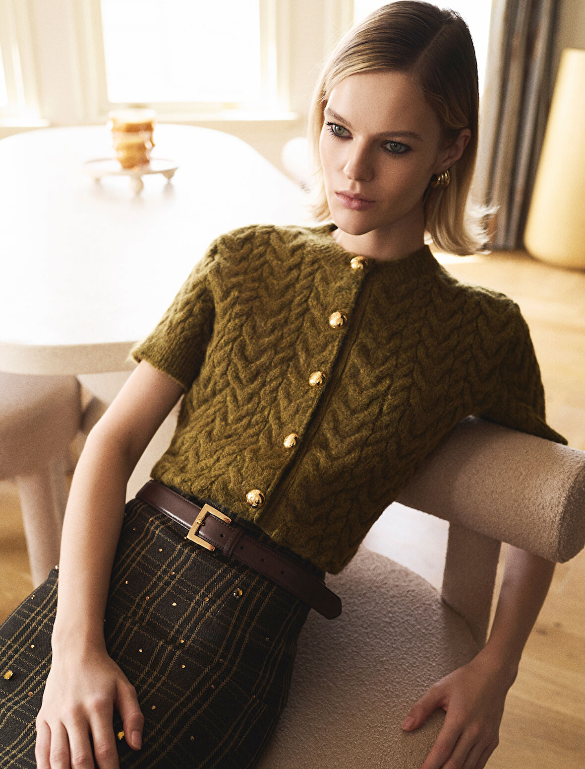 Koton X Melis Ağazat - Bisiklet Yaka Kısa Kollu Yün Karışımlı Saç Örgü Hırka