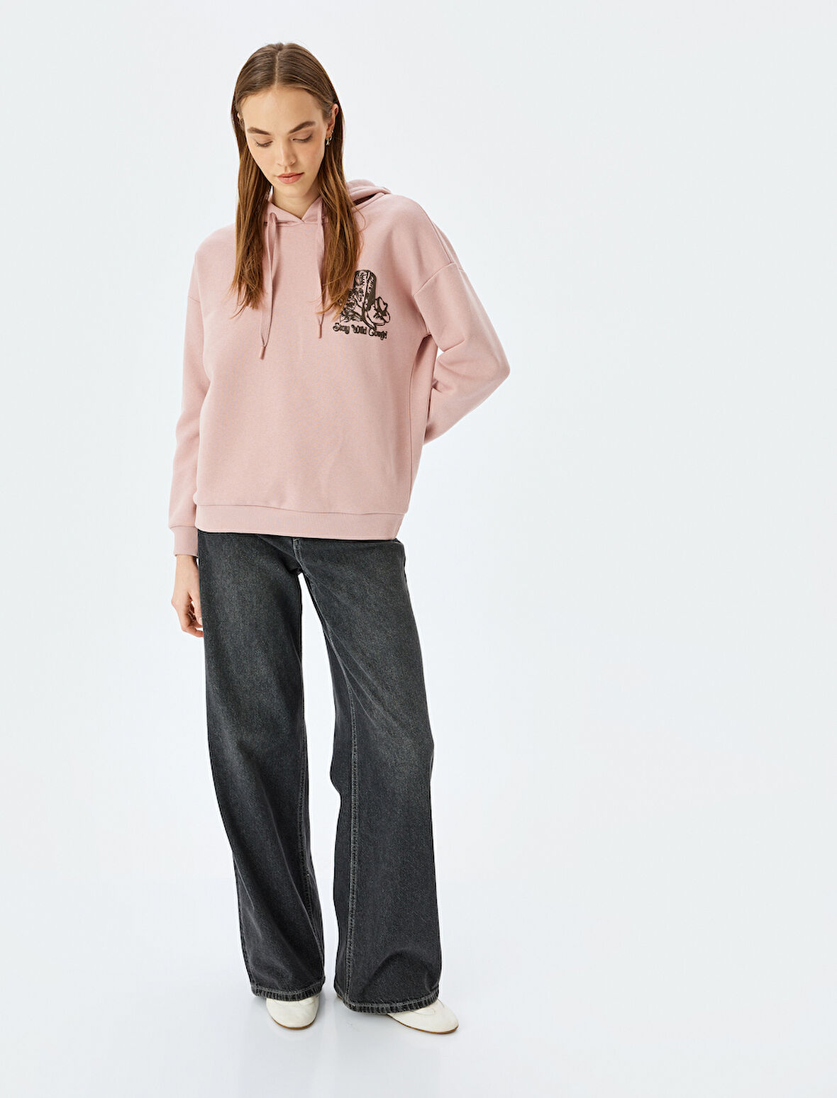 Arkası Baskılı Kapşonlu Şardonlu Oversize Sweatshirt