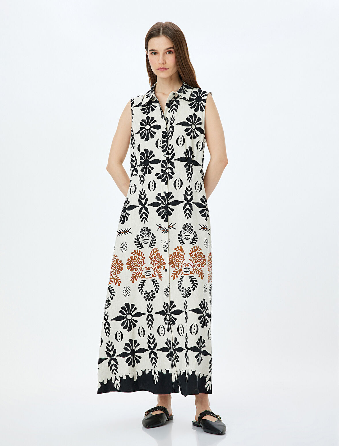 Keten Karışımlı Kolsuz Etnik Desenli Uzun Gömlek Elbise