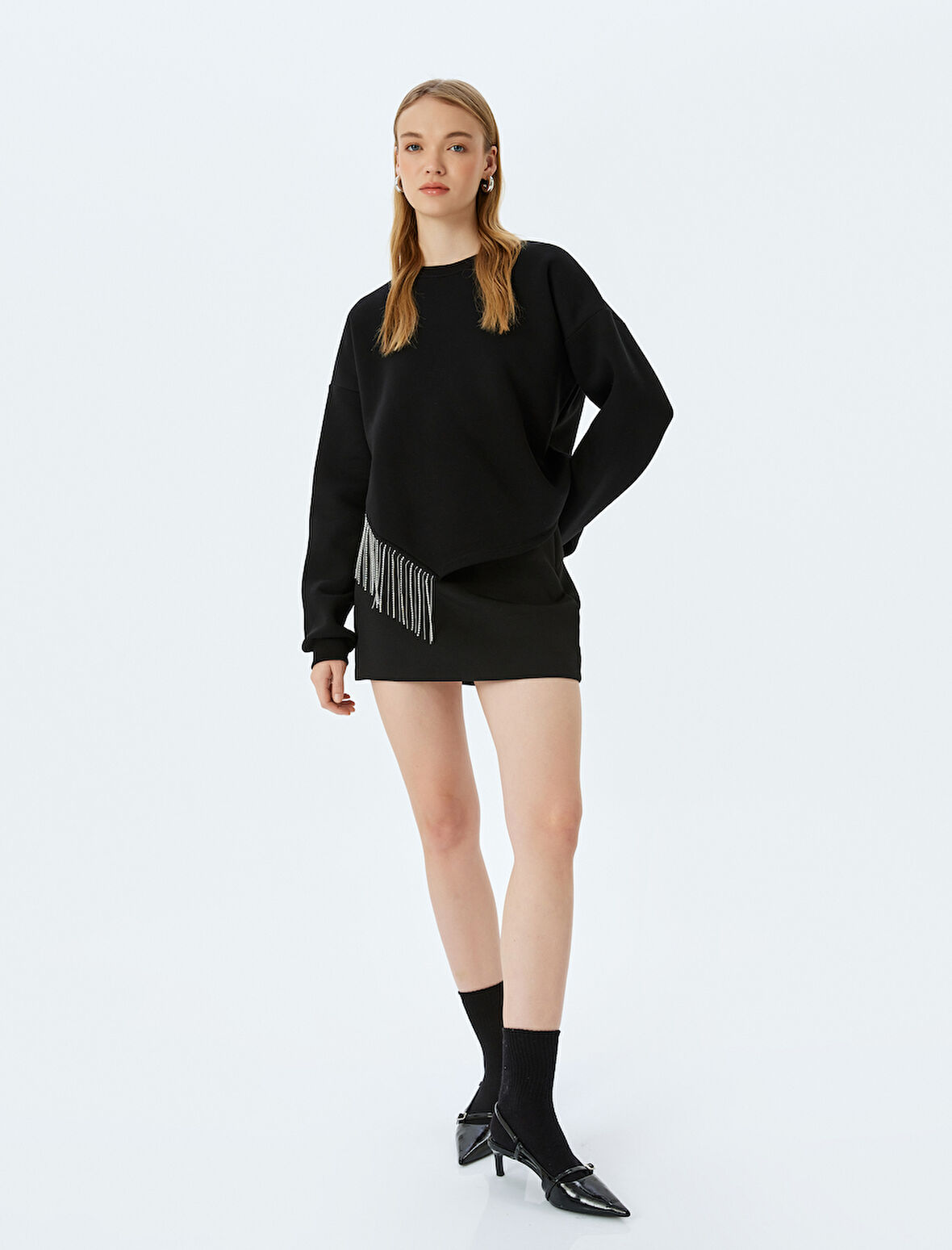 Şardonlu Bisiklet Yaka Taş Detaylı Uzun Kollu Oversize Sweatshirt