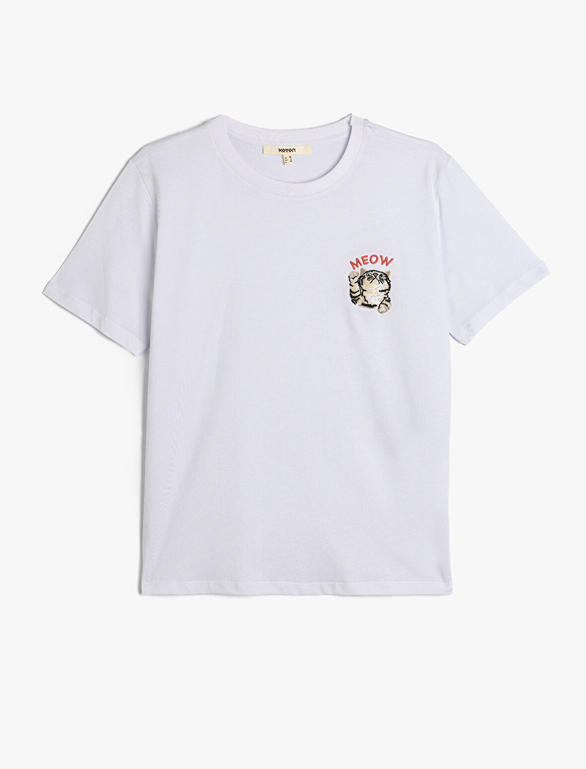 Pamuklu Kedi İşleme Detaylı Kısa Kollu Bisiklet Yaka Tişört