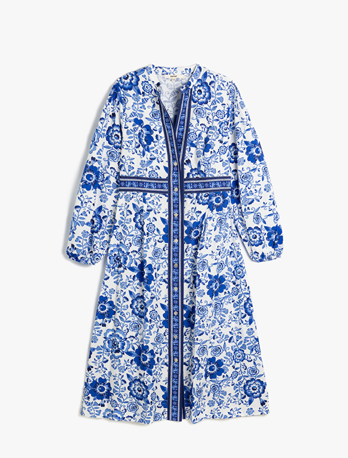 Mandarin Yaka Balon Kol Düğmeli Pamuklu Uzun Çiçekli Elbise