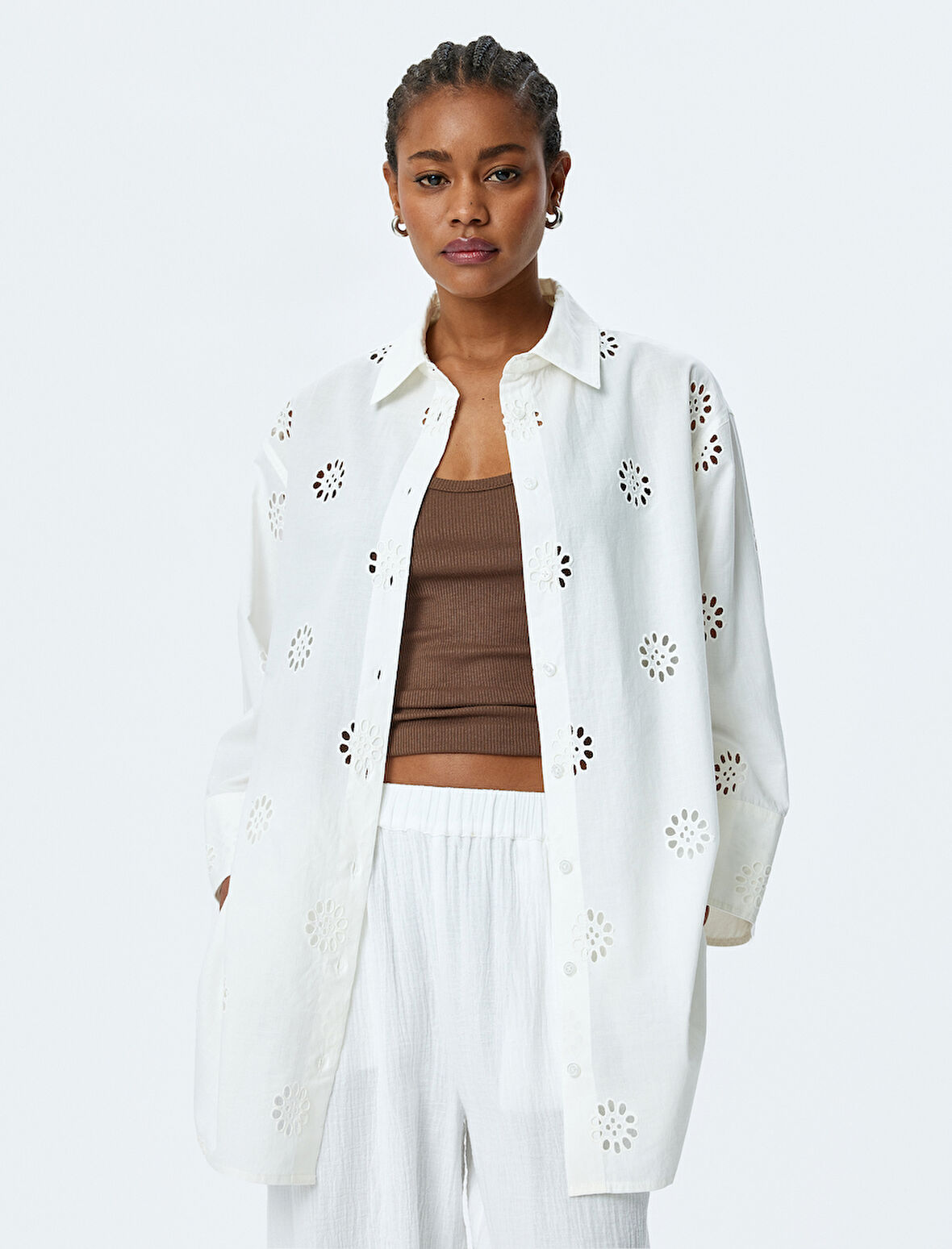 Pamuklu Rahat Kalıp 3/4 Kol Gömlek Yaka Uzun Fistolu Tunik