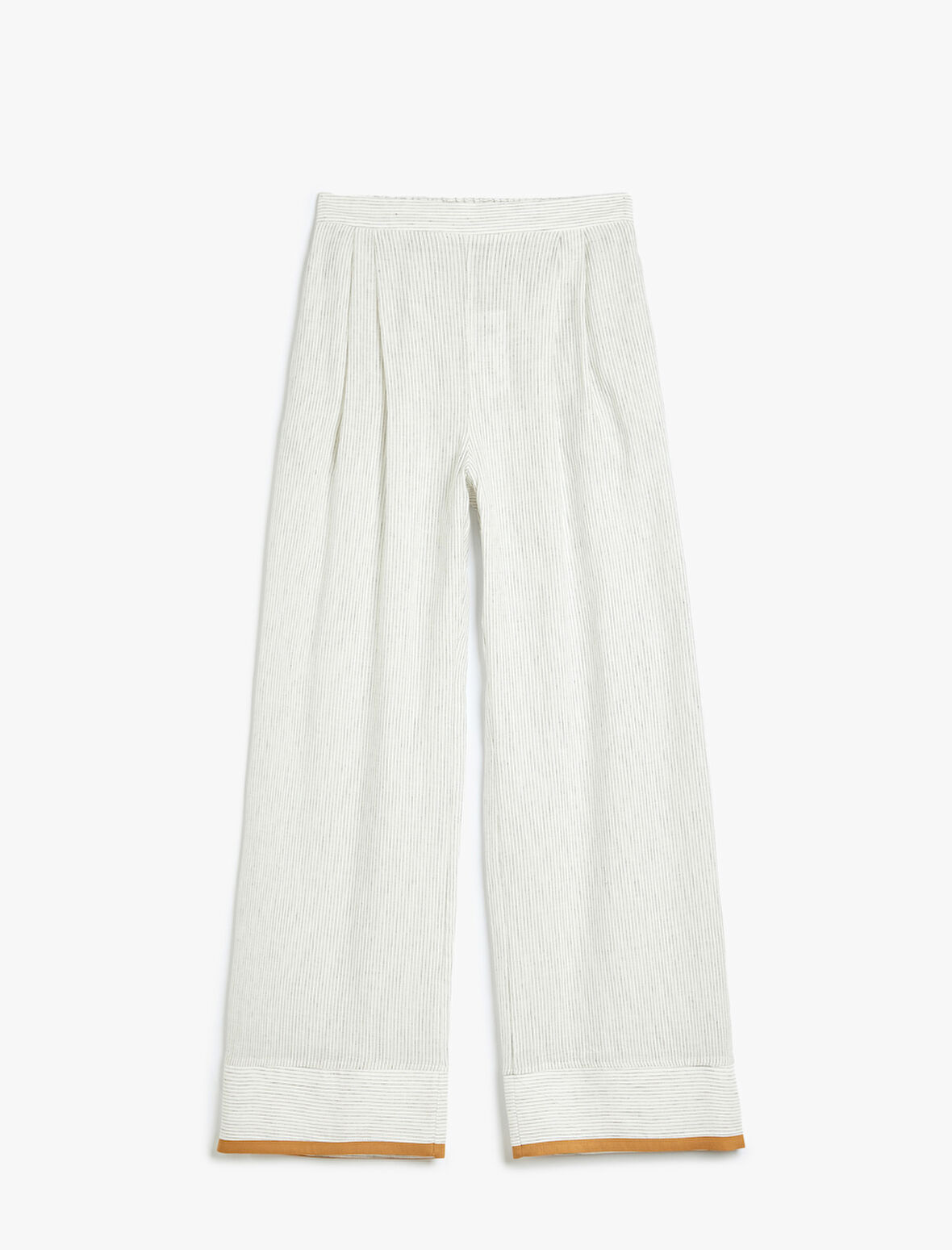 Pamuklu Keten Kumaş Karışımlı Yüksek Bel Uzun Geniş Paça Pantolon