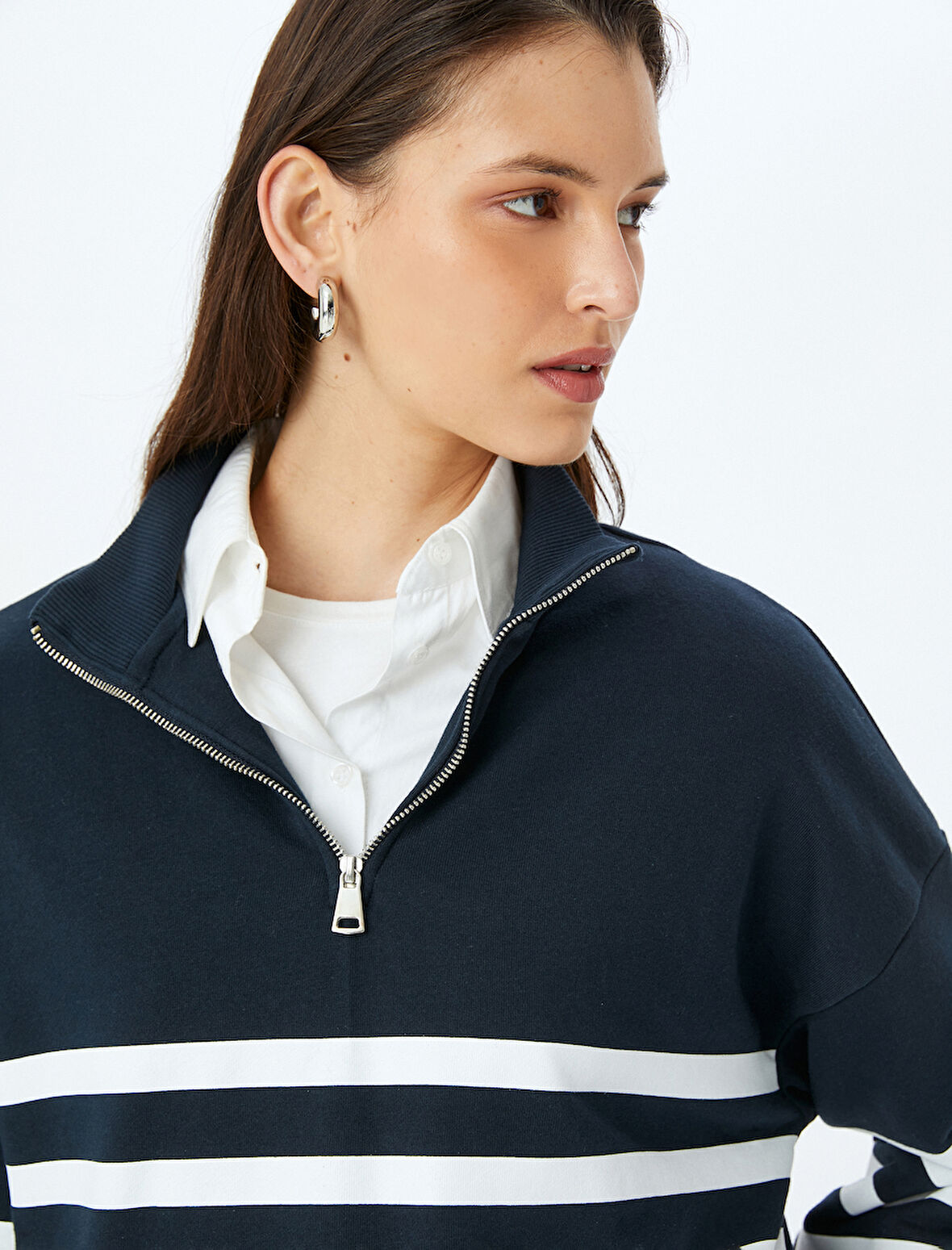 Yarım Fermuarlı Çizgili Oversize Sweatshirt