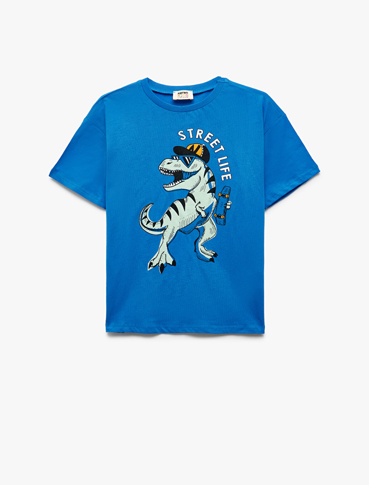 Dinozor Baskılı Bisiklet Yaka Kısa Kollu Pamuklu Tişört