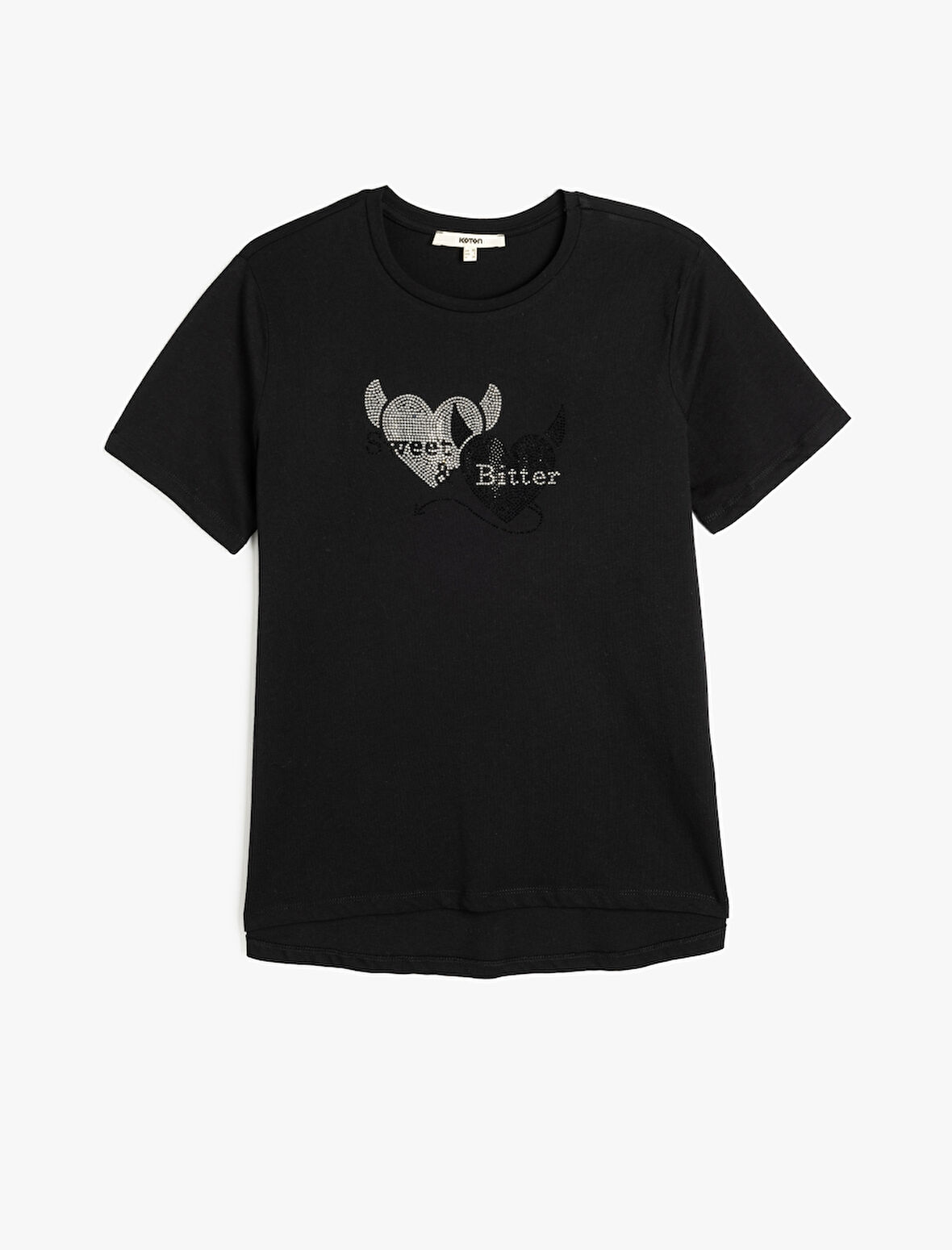 Pamuklu Bisiklet Yaka Kısa Kollu Kalp Detaylı Taşlı Tişört