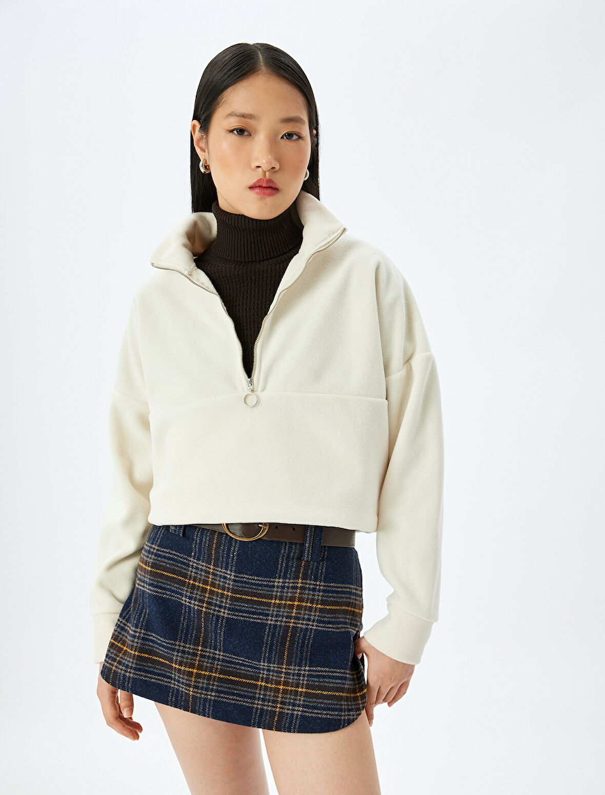 Yarım Fermuarlı Uzun Kollu Polar Oversize Sweatshirt