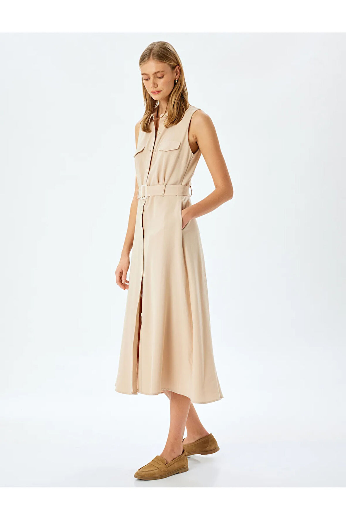 Viskon Keten Karışımlı Kolsuz Cepli Kemerli Uzun Gömlek Elbise