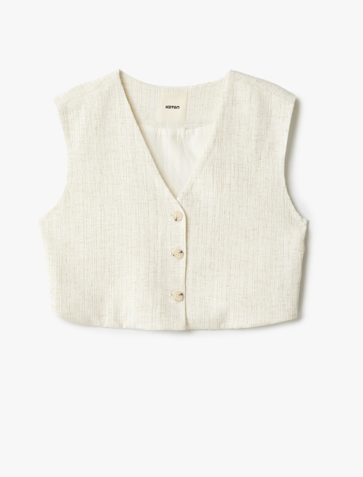 Viskon Keten Karışımlı Düğmeli Crop Blazer Yelek