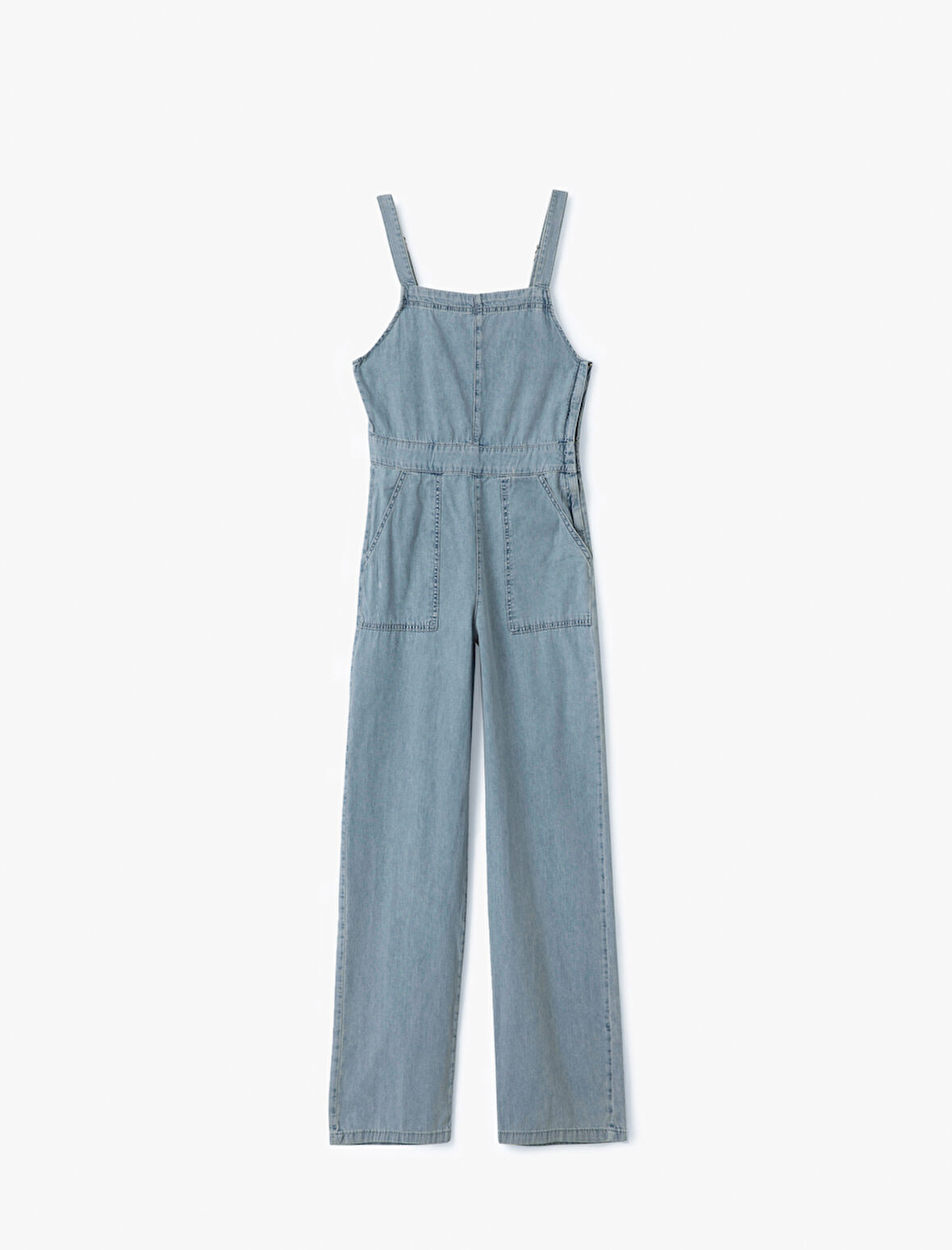 Kare Yaka Cepli Dikiş Detaylı Kolsuz Denim Tulum