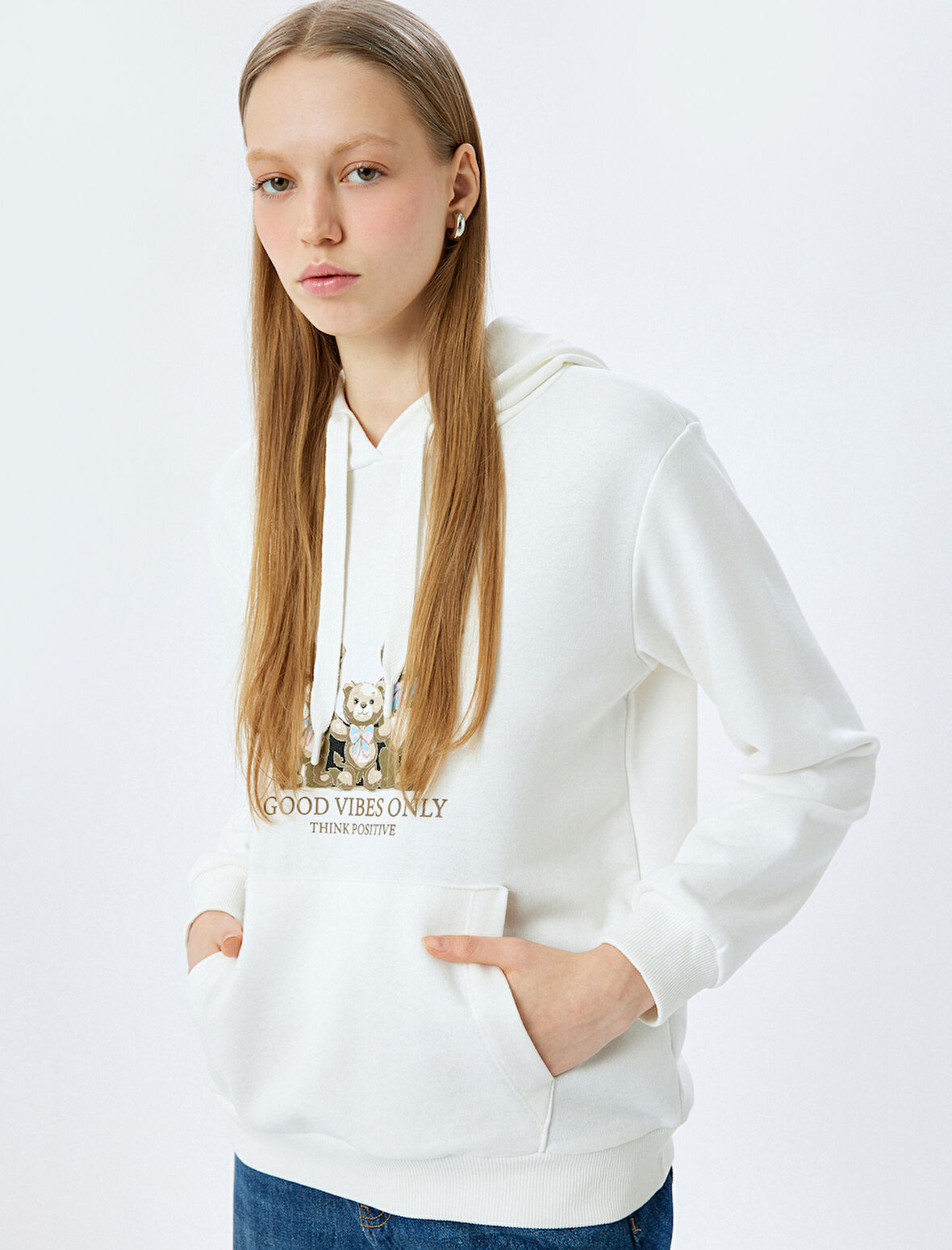 Kapüşonlu Kanguru Cepli Slogan Baskılı Uzun Kollu Sweatshirt