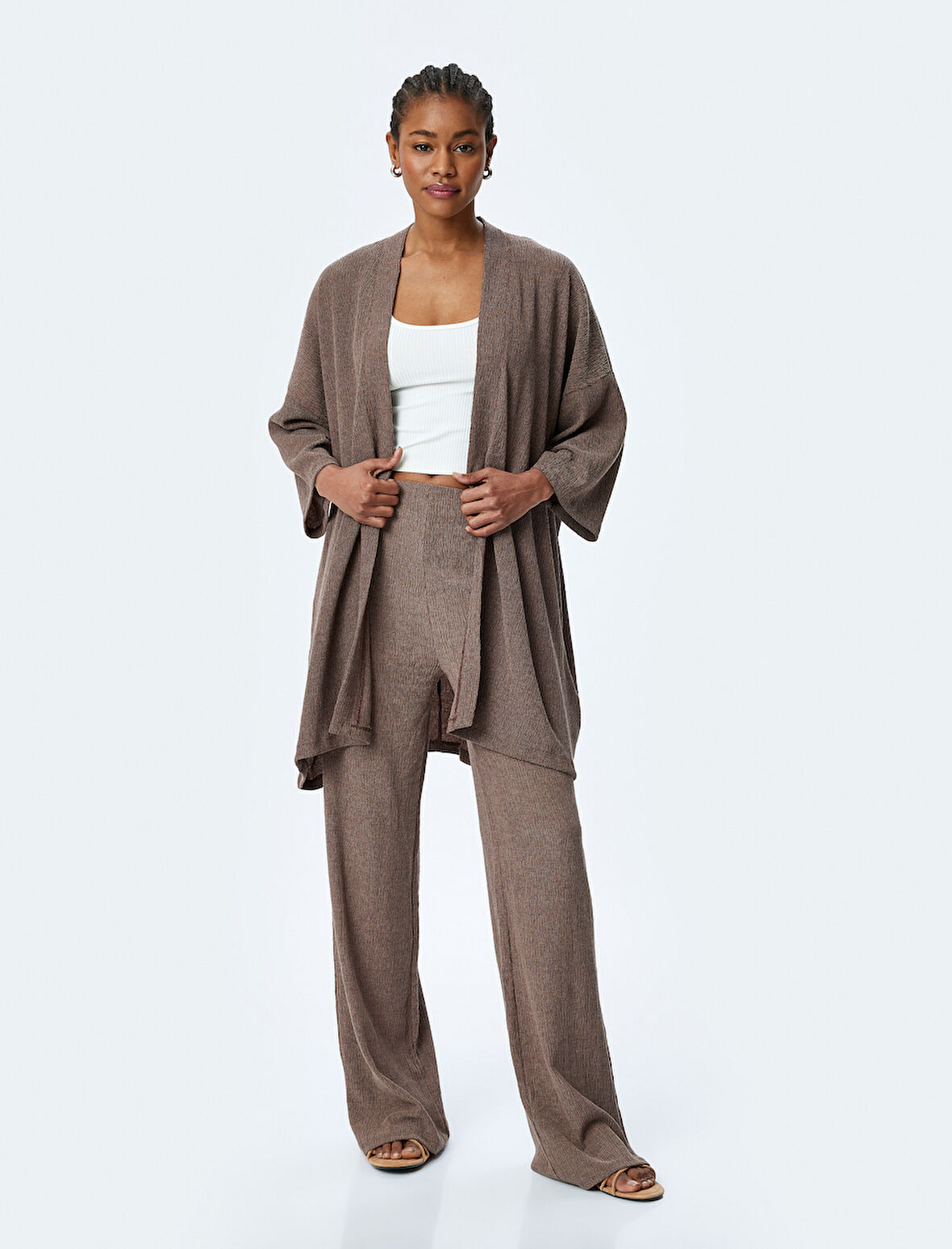 Viskon Karışımlı Rahat Kalıp Geniş Uzun Kollu Kimono