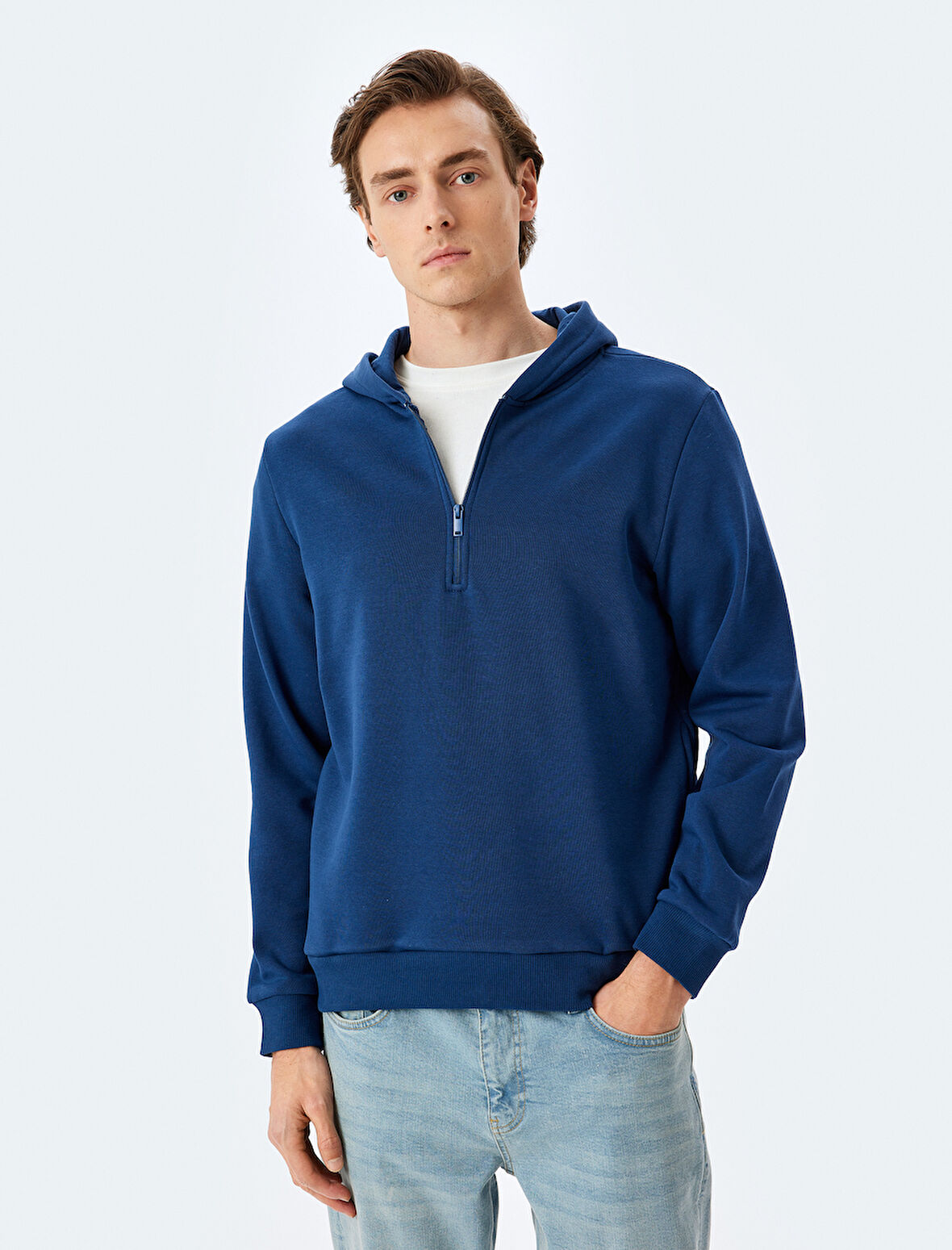 Kapşonlu Pamuk Karışımlı Şardonlu Basic Yarım Fermuarlı Sweatshirt