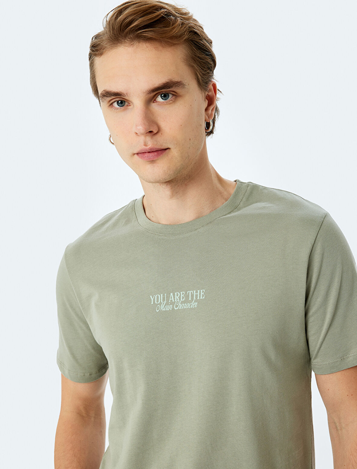 Slogan Baskılı Pamuklu Kısa Kollu Bisiklet Yaka Slim Fit Tişört