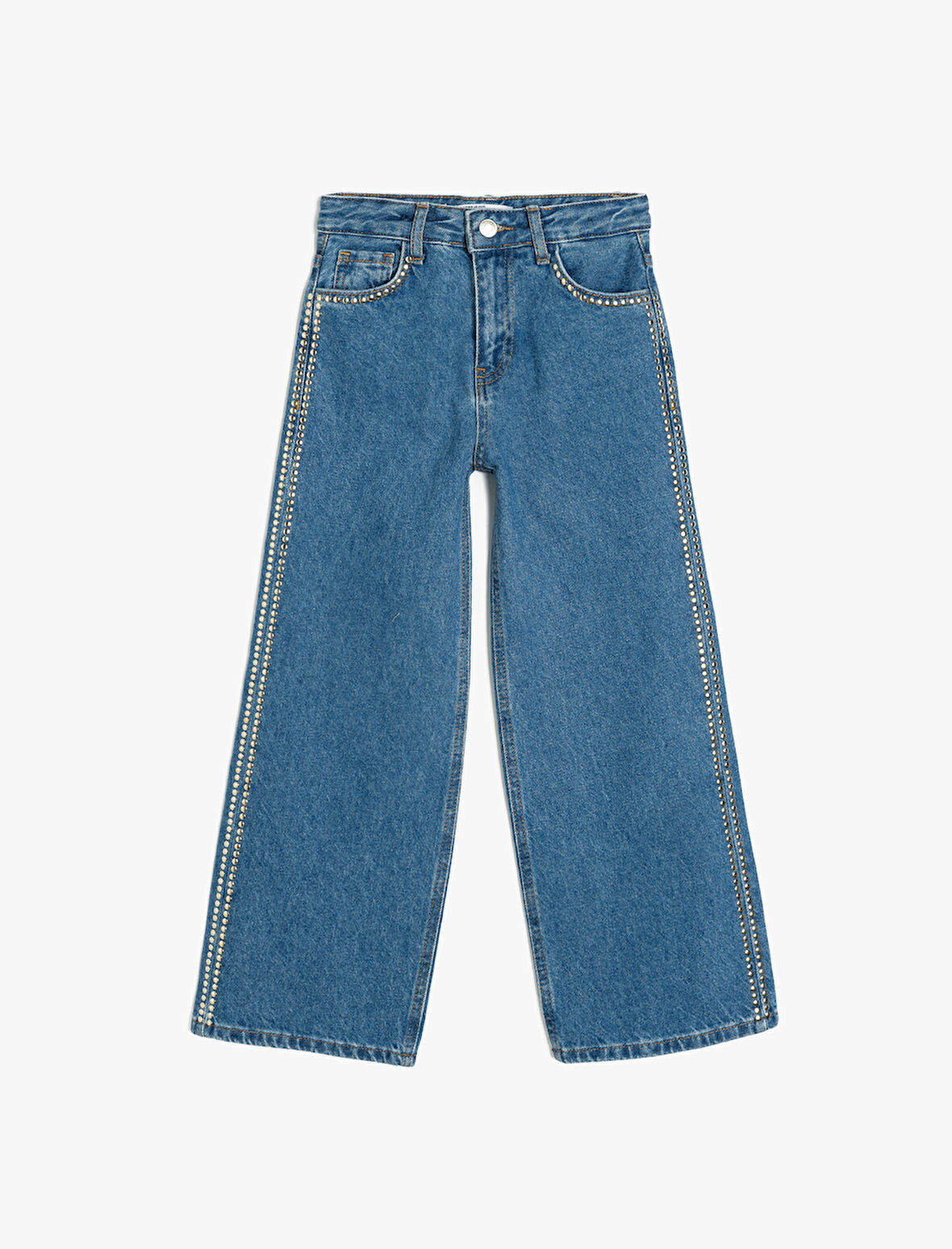 Taş Detaylı Pamuklu Bol Paça Denim Pantolon