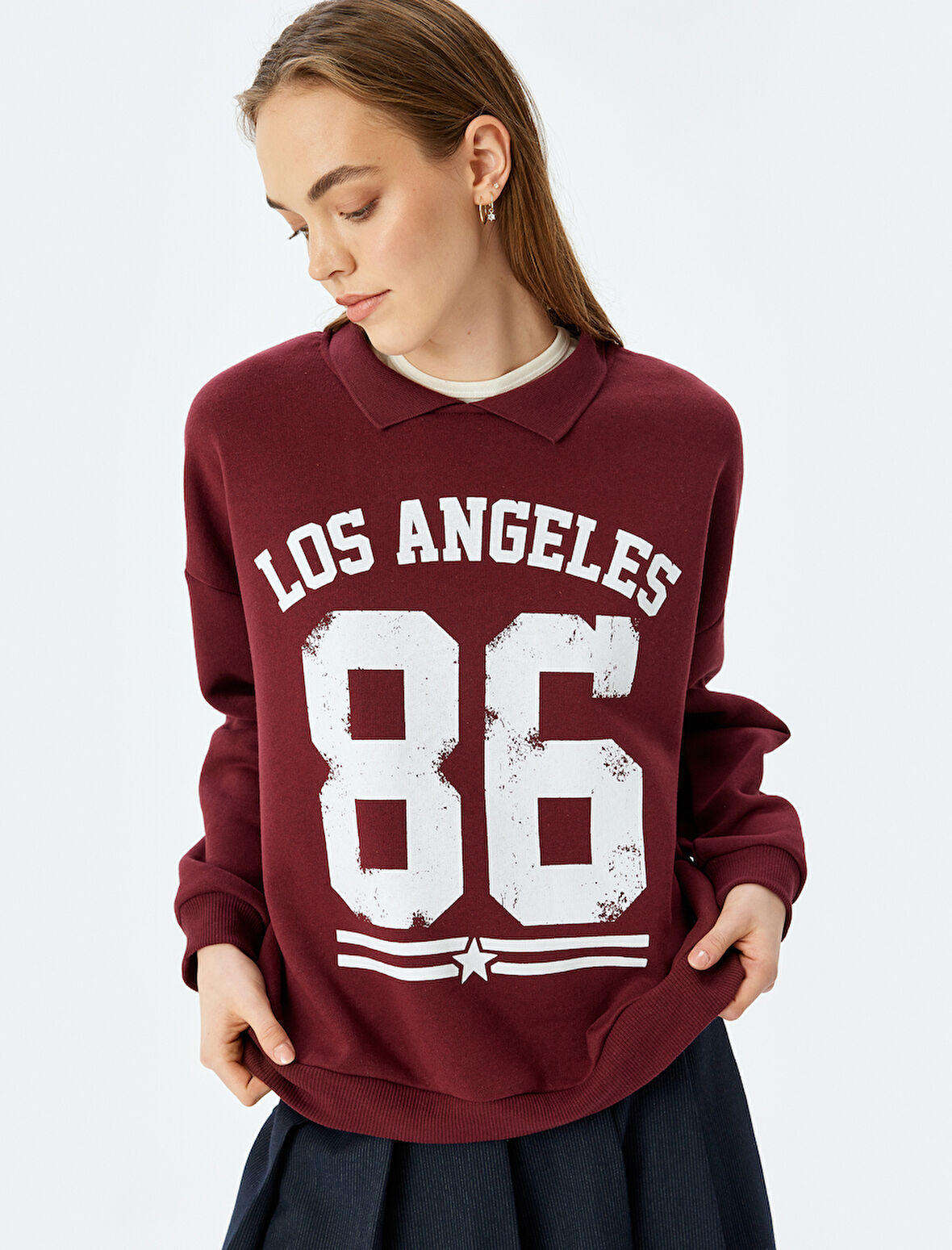 Şardonlu Kolej Baskılı Polo Yaka Oversize Sweatshirt