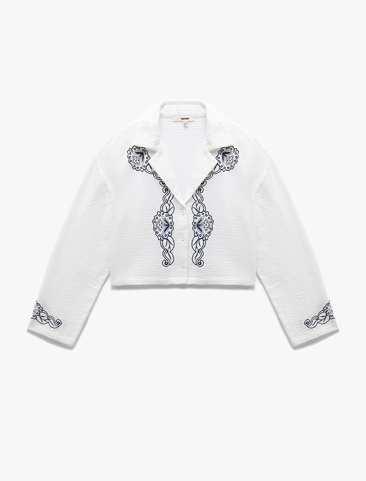 Pamuklu Nakışlı Uzun Kollu Ceket Yaka Crop Müslin Gömlek