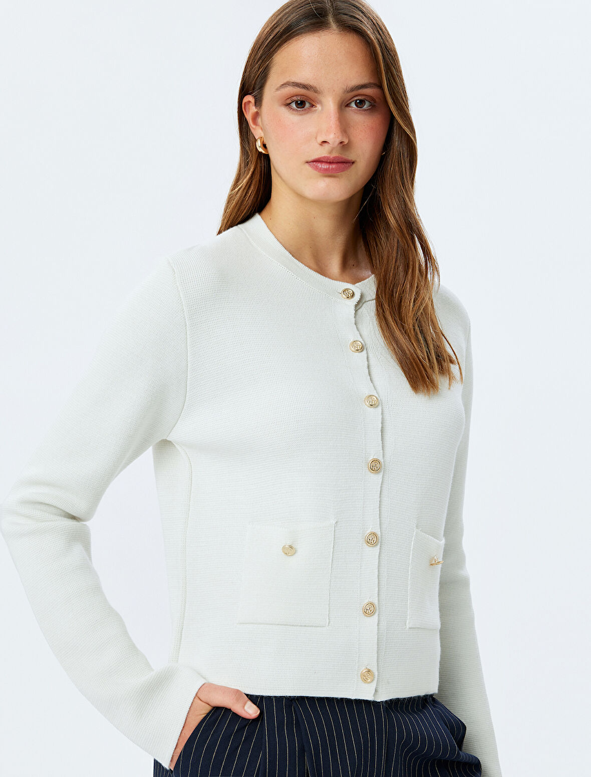 Yün Karışımlı Bisiklet Yaka Uzun Kollu Düğmeli Triko Hırka