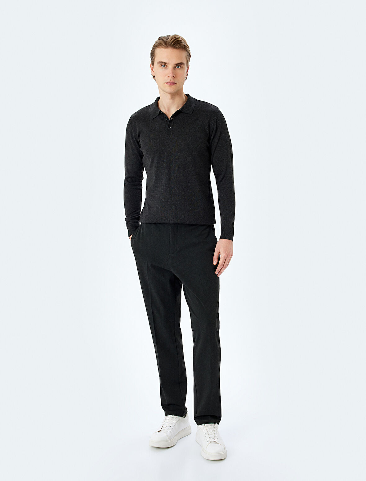 Polo Yaka Düğmeli Basic Uzun Kollu Triko Kazak