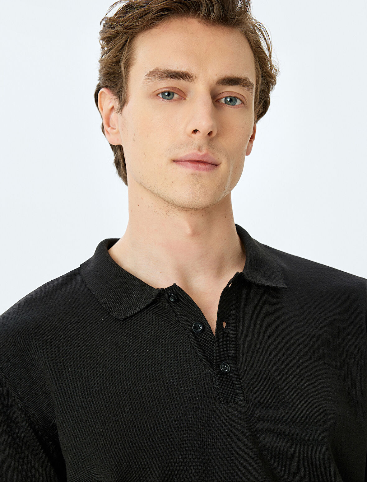 Polo Yaka Düğmeli Basic Uzun Kollu Triko Kazak