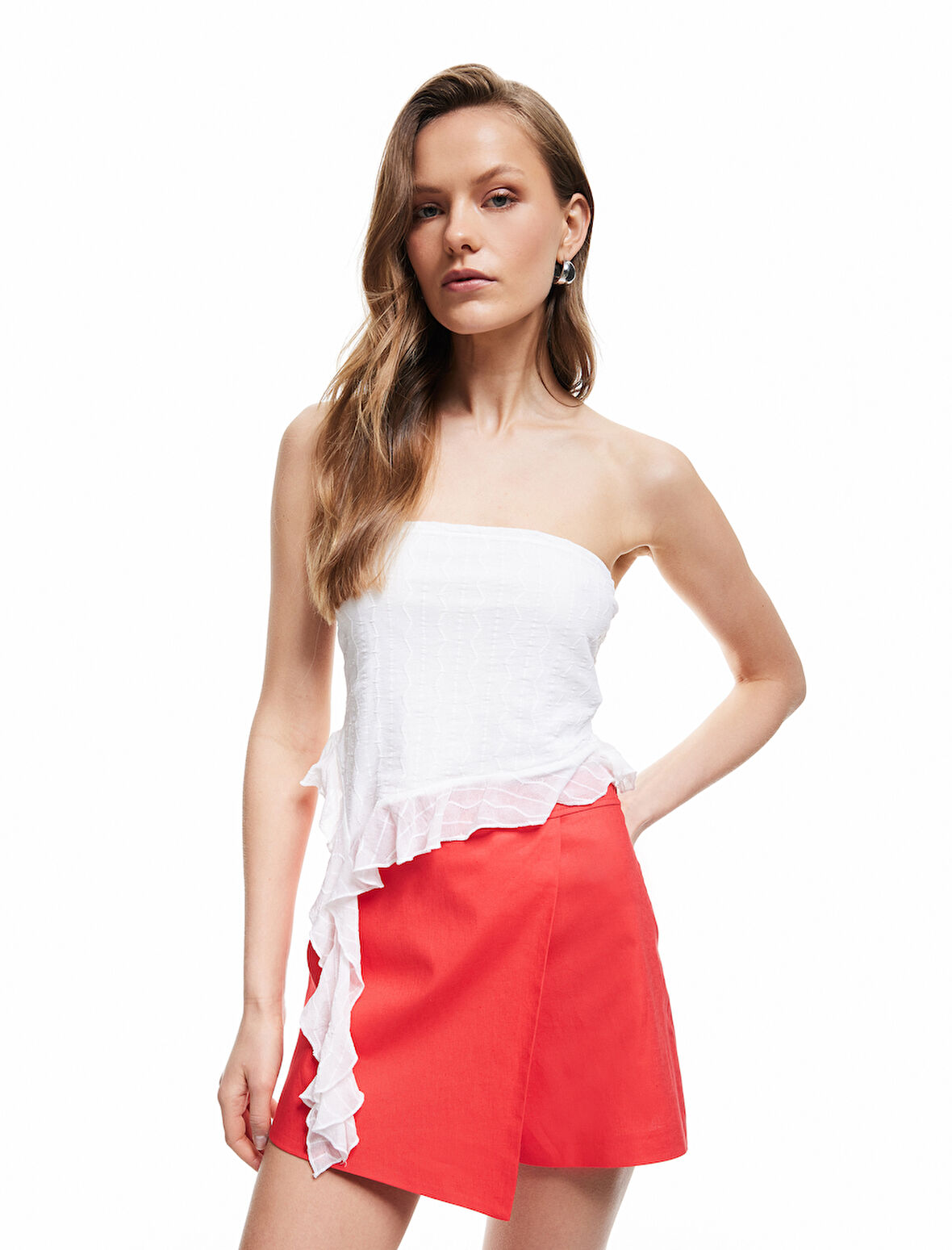 Regular Fit Kruvaze Mini Keten Şort Etek