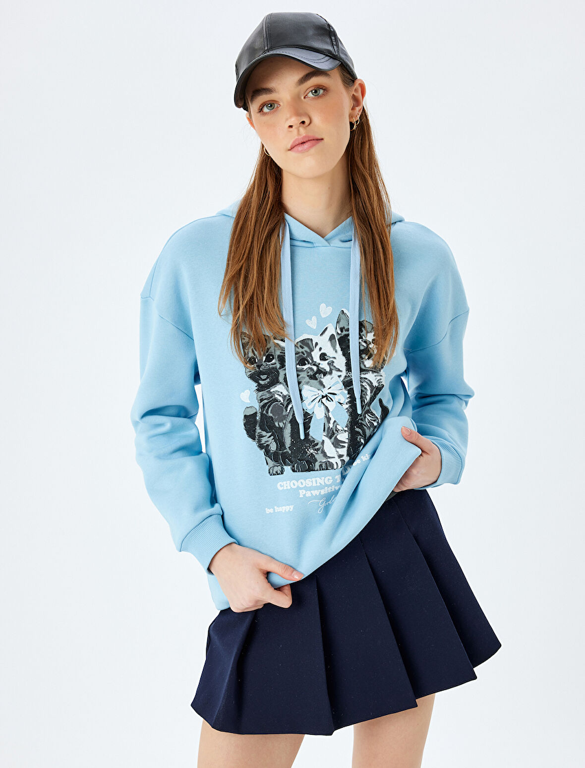 Şardonlu Kapüşonlu Kedi Baskılı Uzun Kollu Rahat Kalıp Sweatshirt