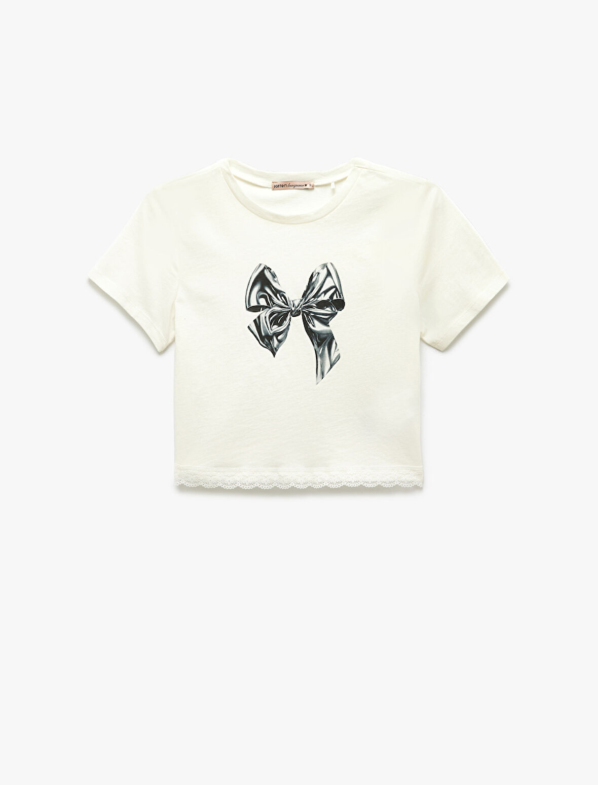 Kısa Kollu Bisiklet Yaka Pamuklu Fiyonk Baskılı Crop Pijama Üstü