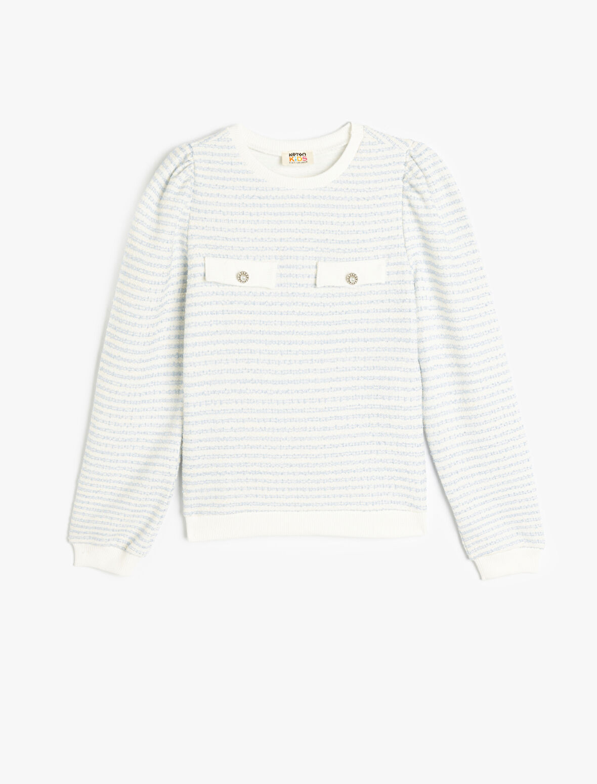 Uzun Kollu Düğme Detaylı Bisiklet Yaka Çizgili Sweatshirt
