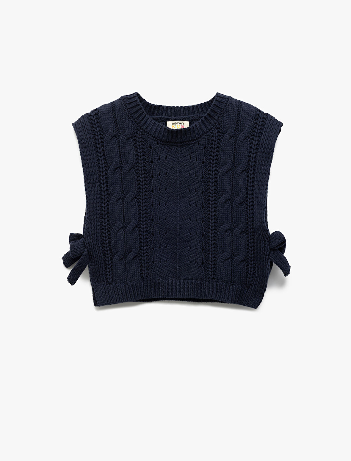 Bisiklet Yaka Kolsuz Saç Örgü Dokulu Fiyonklu Crop Triko Süveter