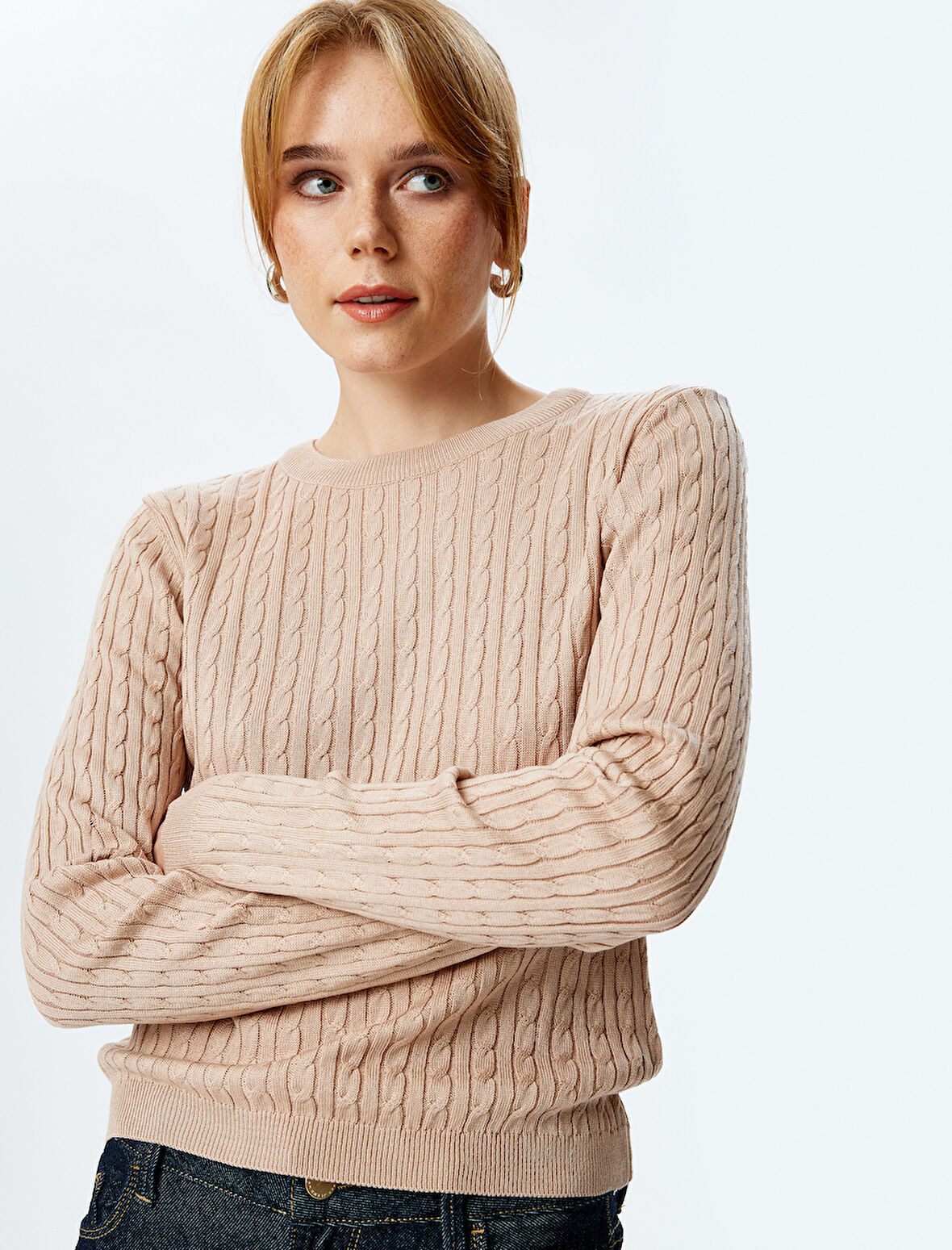 Bisiklet Yaka Uzun Kollu Saç Örgü Triko Kazak