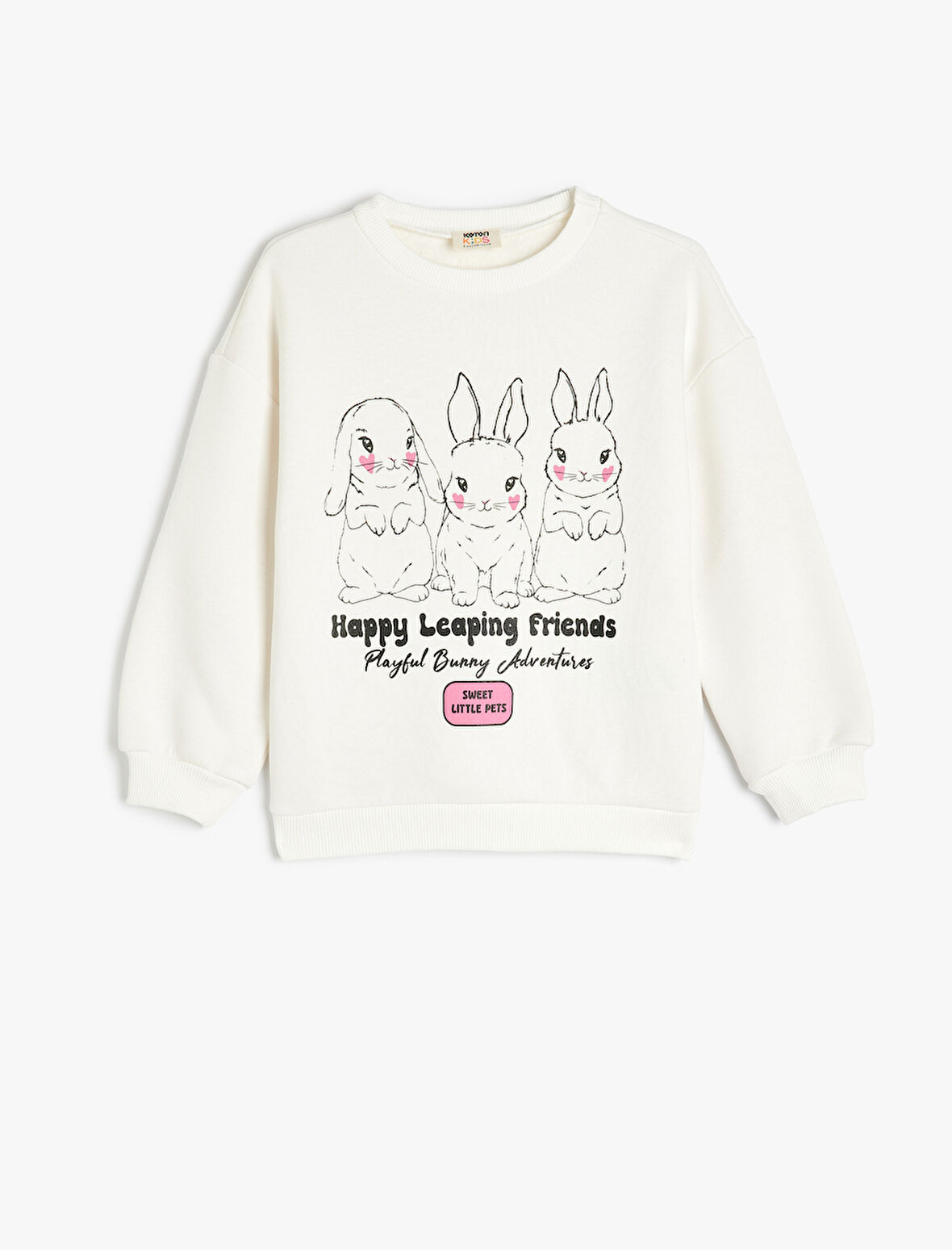 Tavşan Baskılı Uzun Kollu Bisiklet Yaka Şardonlu Sweatshirt