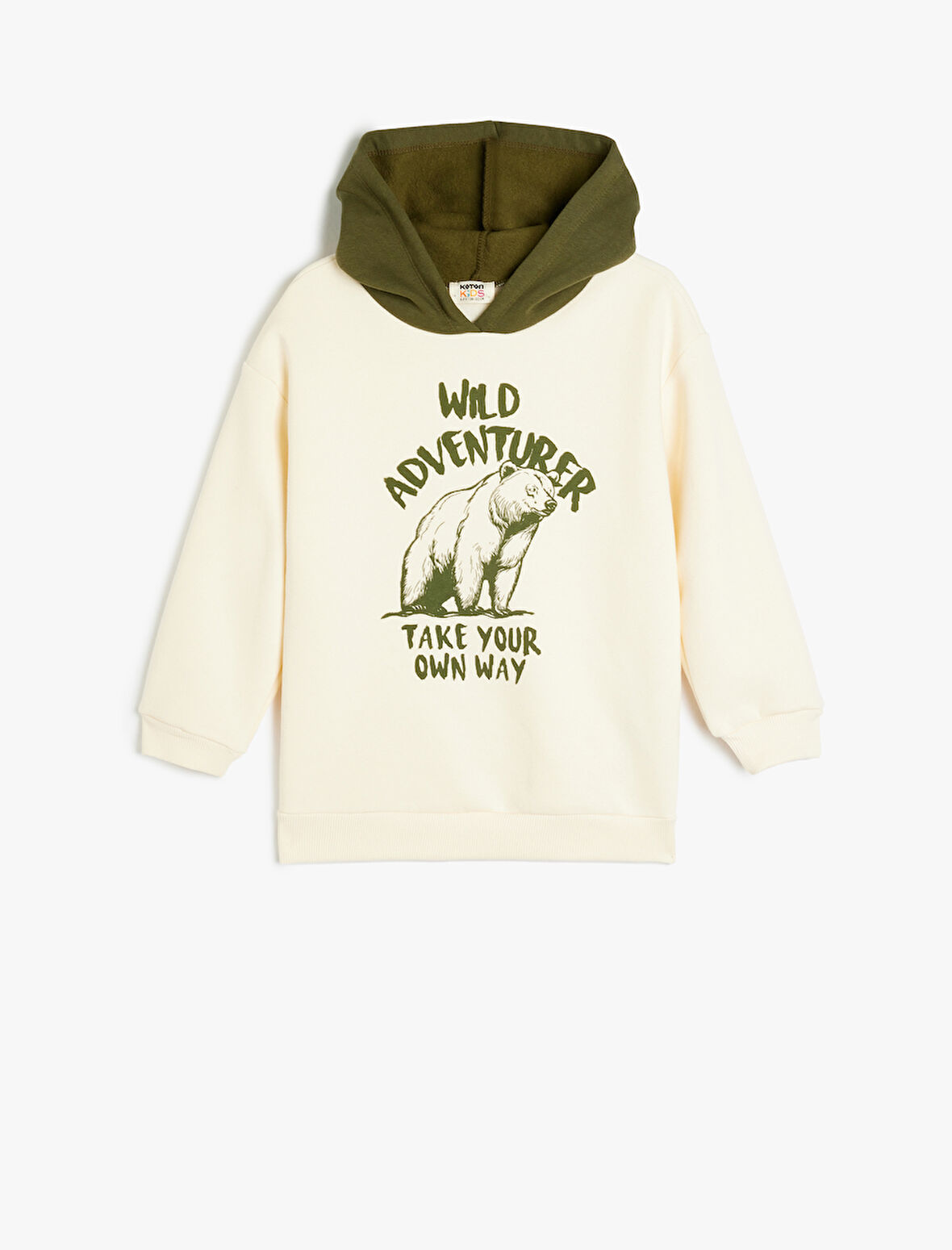 Kapşonlu Ayı Baskılı Uzun Kollu Pamuklu Sweatshirt