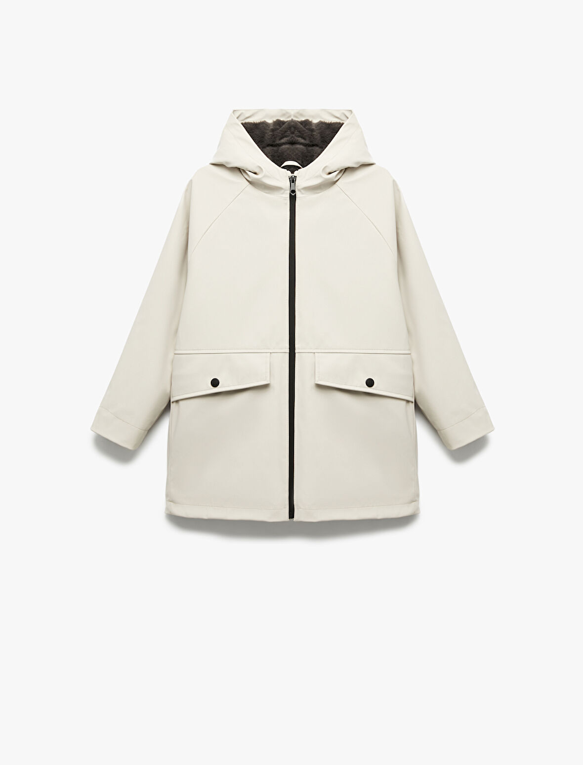 Uzun Kollu Kapaklı Cepli Fermuarlı Kapşonlu Yağmurluk