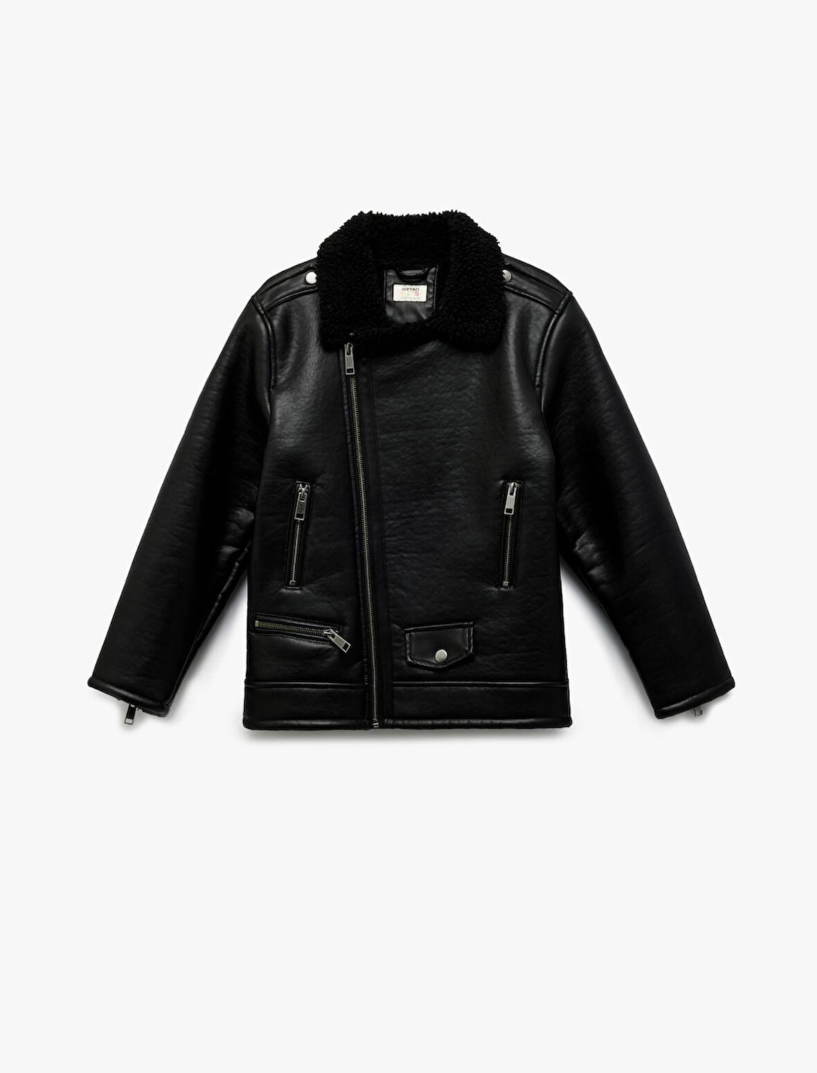 Peluş Detaylı Uzun Kollu Kruvaze Yaka Biker Deri Ceket