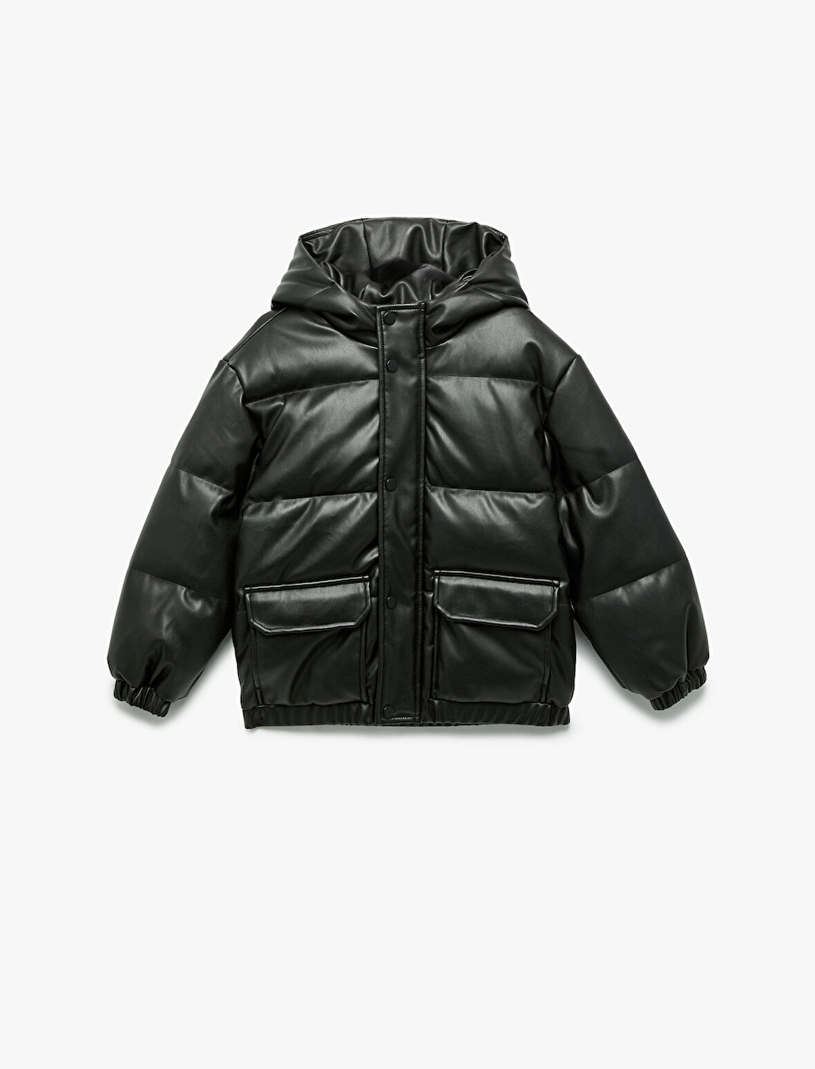 Uzun Kollu Kapşonlu Suni Deri Ceket