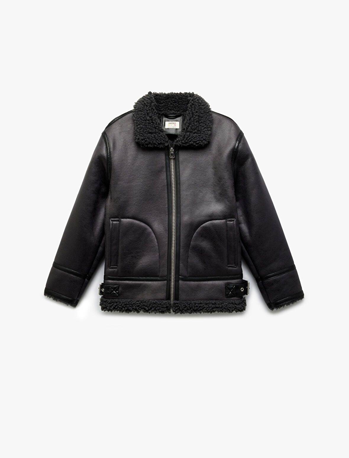 Uzun Kollu Peluş Yaka Detaylı Cepli Fermuarlı Deri Ceket