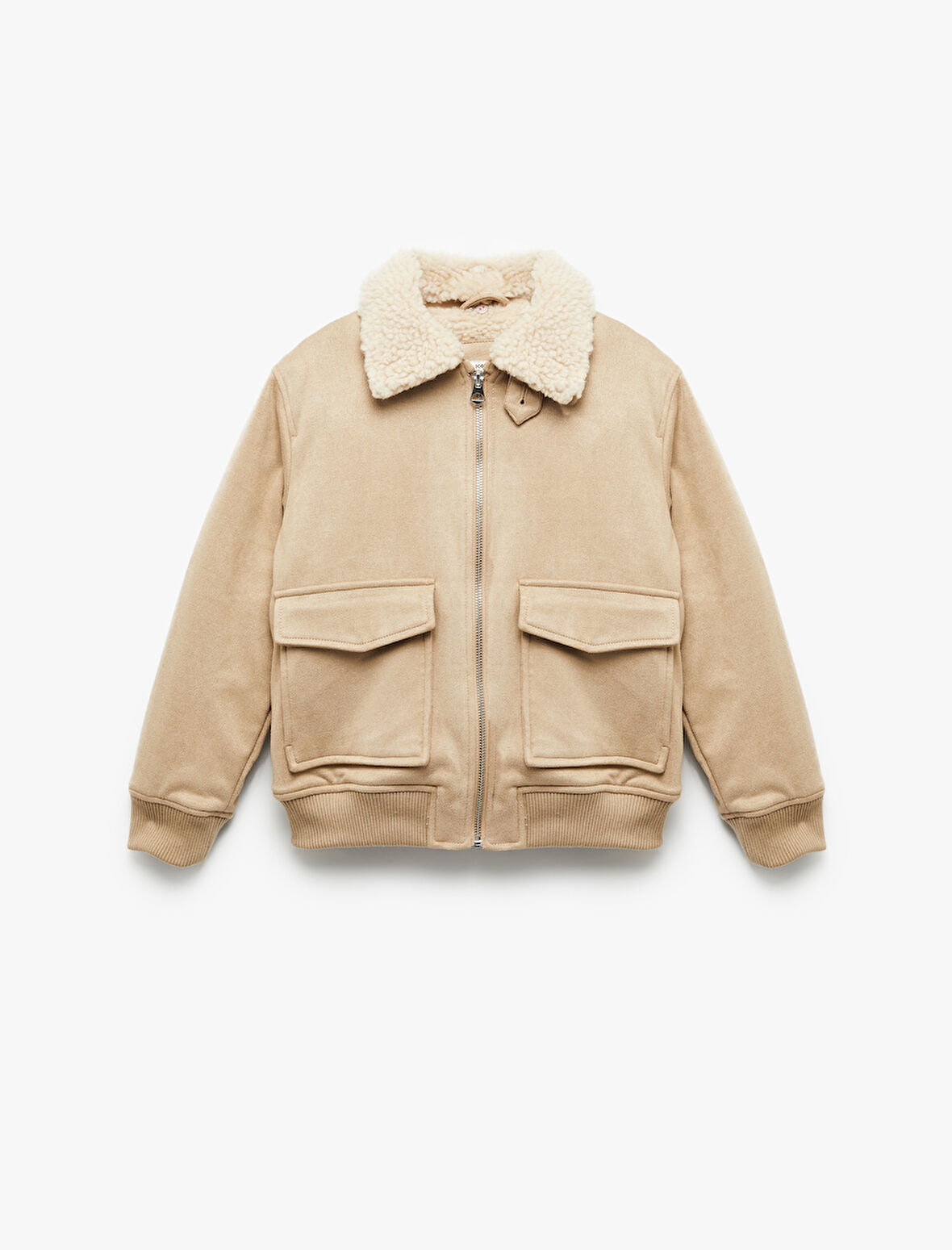 Uzun Kollu Peluş Yaka Cep Detaylı Fermuarlı Bomber Ceket 