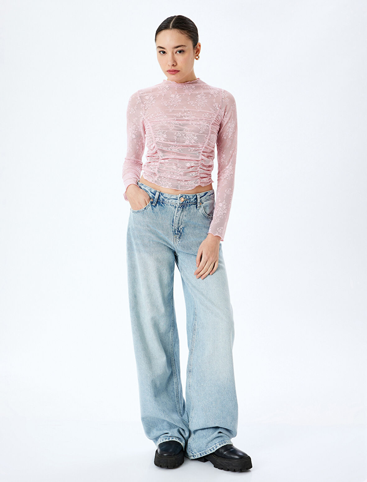 Drapeli Slim Fit Uzun Kollu Dantelli Tişört