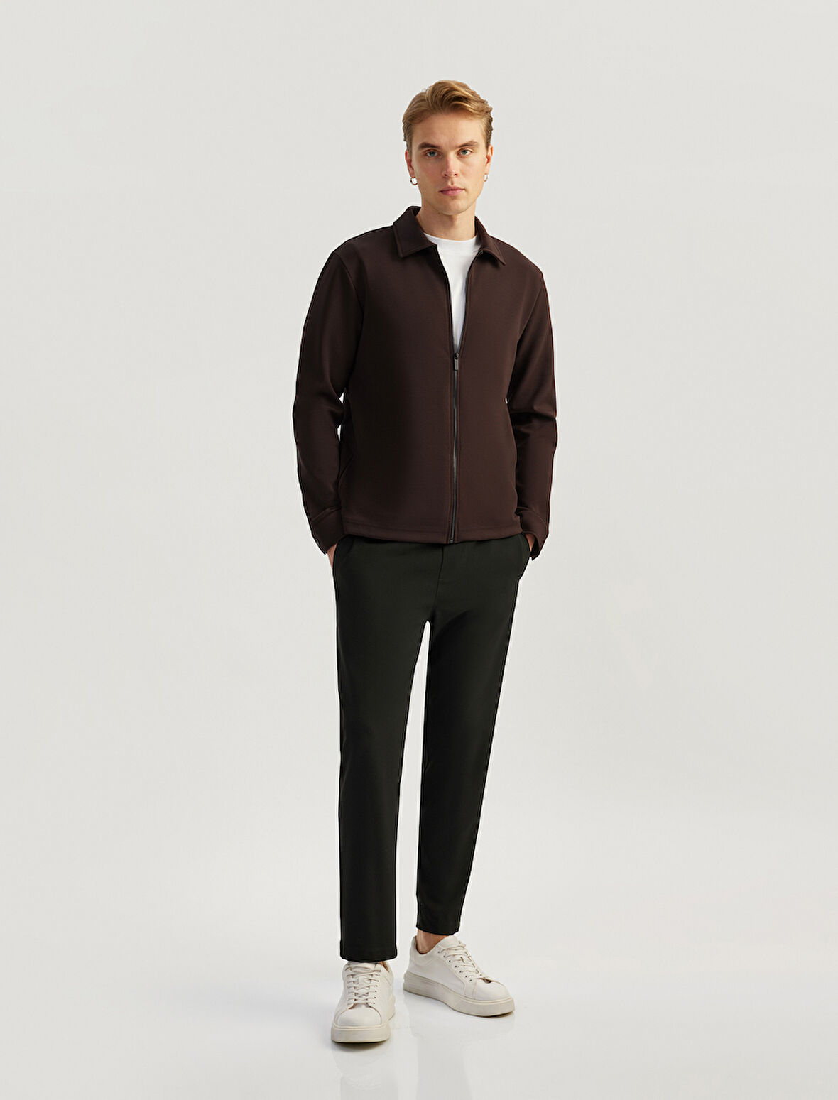 Uzun Kollu Pamuk Karışımlı Fermuarlı Sweatshirt