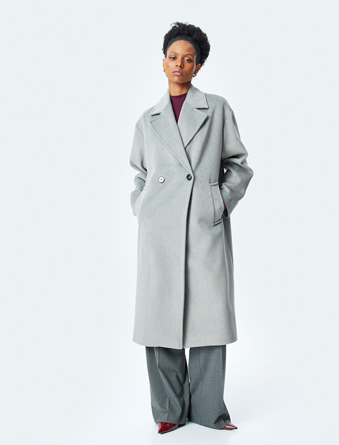 Cepli Düğmeli Kruvaze Uzun Oversize Kaban