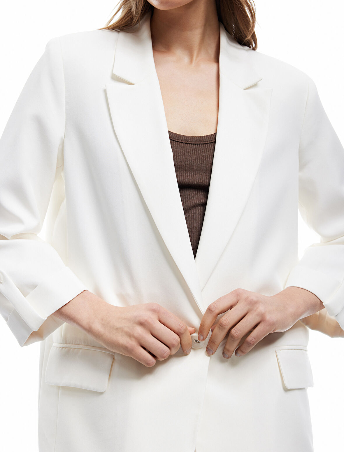 Modal Kumaş Karışımlı Uzun Kollu Cep Detaylı Kruvaze Blazer Ceket