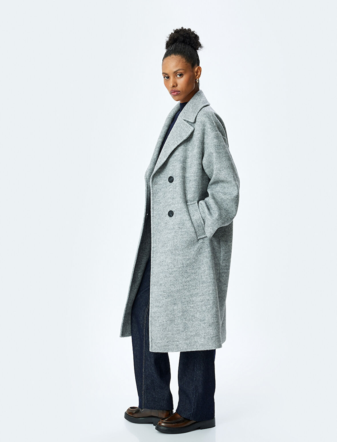 Cepli Düğmeli Kruvaze Oversize Kaşe Kaban