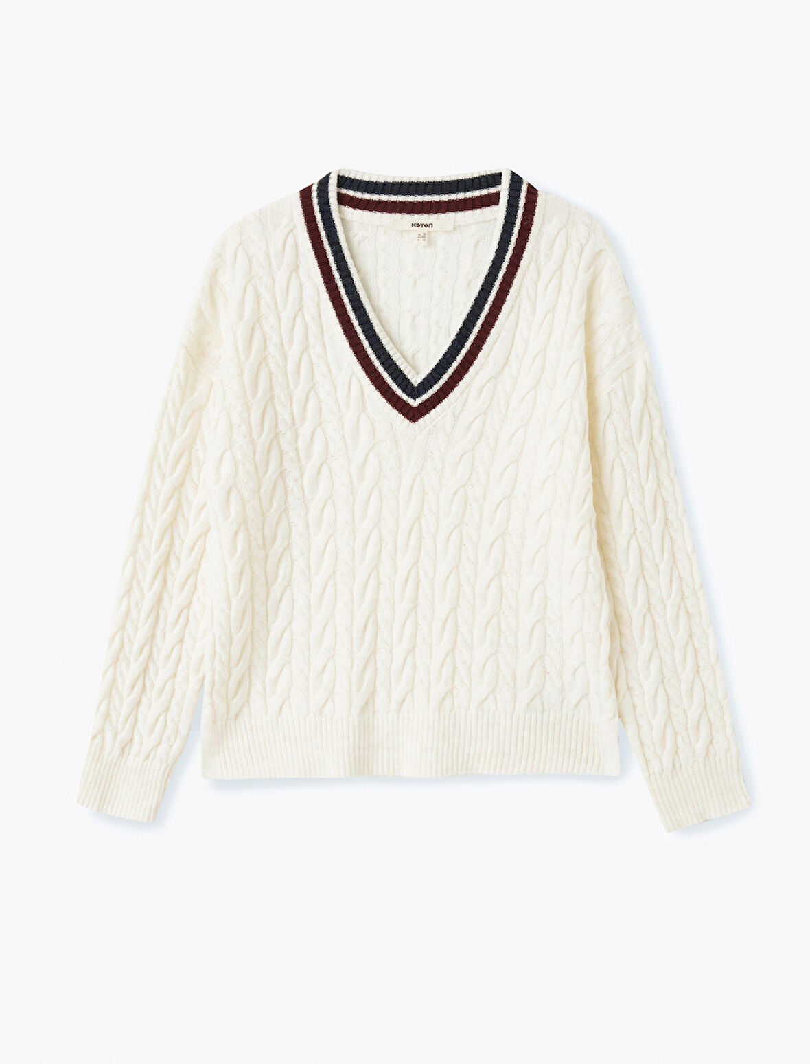 Uzun Kollu Saç Örgü Kadın Oversize V Yaka Kazak