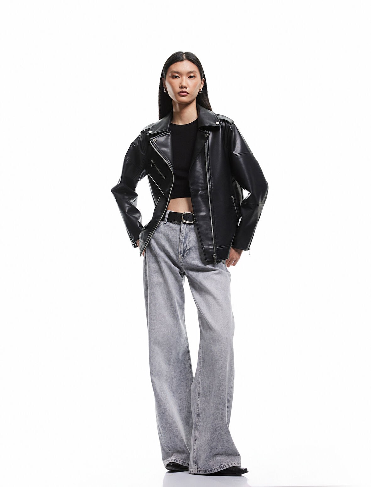 Fermuarlı Cepli Uzun Kollu Suni Deri Biker Ceket